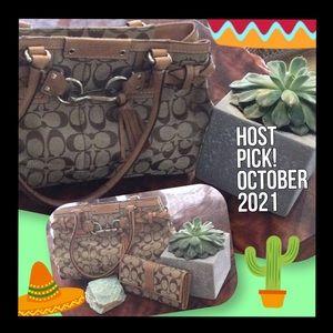 COACH f13065 BROWN TAN HAMPTON SIGNATURE Canvas Purse👜